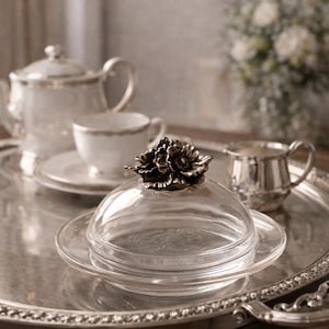Peut inclure: Un plateau argenté présente un beurrier en verre avec un couvercle floral, une théière, une tasse à thé et un pot à crème. Le service à thé a une bordure argentée. L'arrière-plan est flou, avec un bouquet de fleurs blanches.