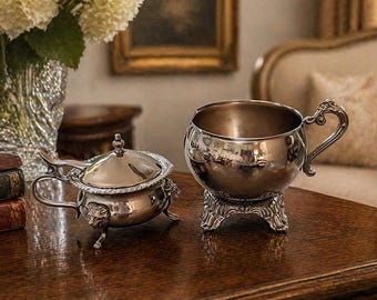 Vintage Estelle Silver Plated Creamer Sugar Bowl Set, Ornate Footed Coffee Serving