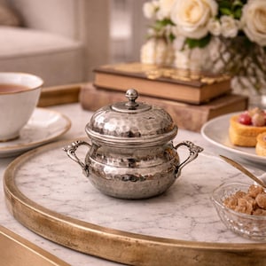 Sucrier martelé en métal argenté vintage avec couvercle, poignées, service pour le thé