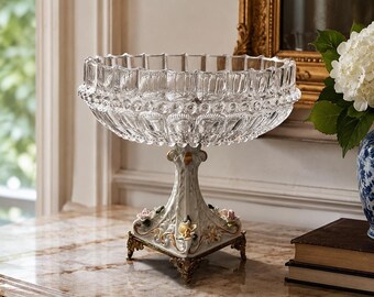 Vintage Glass Candy Dish on Ornate Porcelain Pedestal, Floral Compote Bowl, Romantic Table Centerpiece, Cottagecore Decor