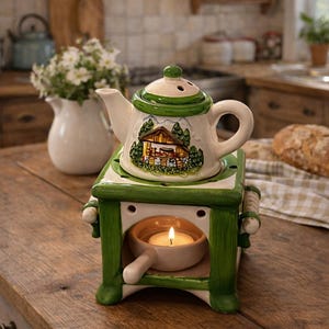 May include: A ceramic teapot warmer with a green and white design, featuring a cabin scene. The teapot sits atop a green base with a candle holder, and a lit candle inside. The warmer is on a wooden table.