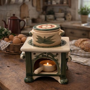 May include: A ceramic candle-powered food warmer with a small pot and lid, featuring green leaf designs and a red and green rim. The warmer is white and green, with a small candle burning inside. The scene is set in a rustic kitchen.