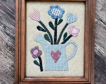 Vintage Fabric Appliqué Wall Art, Watering Can Flowers Hearts, Rustic Wood Frame