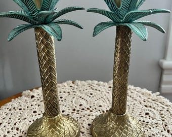 Vintage Brass Tone Palm Tree Candlestick Holders Set | Verdigris Fronds Coastal Decor