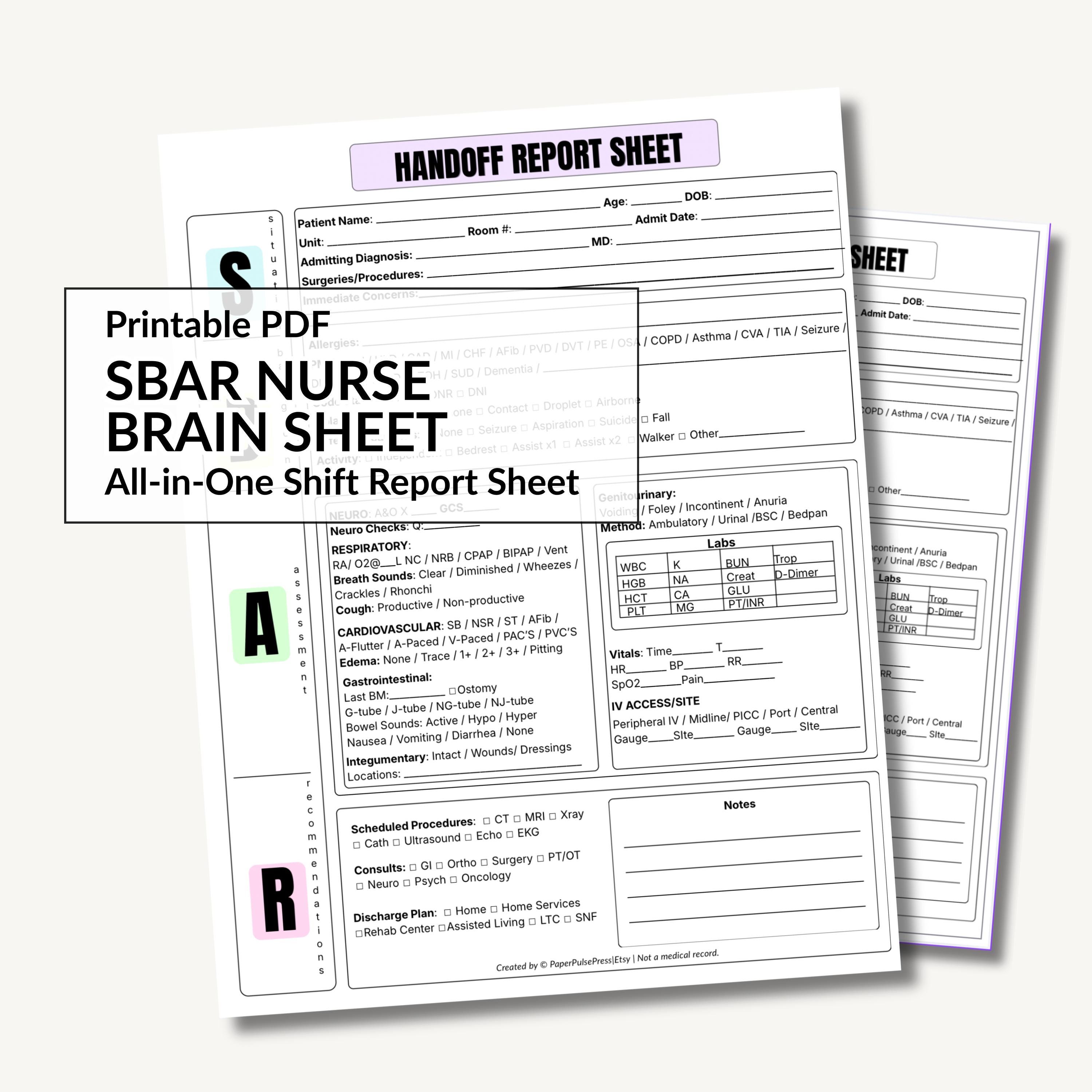 SBAR Nurse Report Sheet, Patient Handoff Template, Printable PDF, Med ...