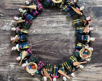 Vintage Guatemalan Worry Doll Wreath | Handmade Folk Art Wall Hanging | Boho Cottage Decor | Textile Art