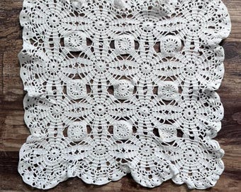 Vintage Hand Crocheted Lace Doily | White Square Crochet Table Topper | Cottagecore Farmhouse Décor