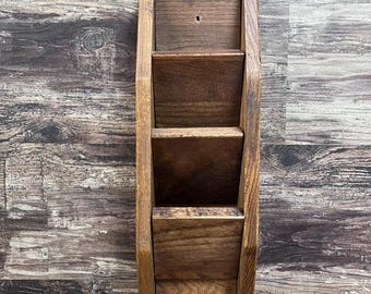 Handmade Solid Wood Wall Mail Organizer with Key Hooks, Vintage Letter Holder