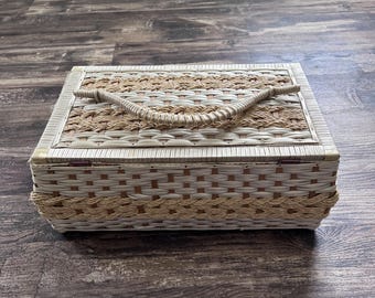 Vintage Wicker Sewing Basket, Floral Lined Craft Storage Organizer, Cottagecore Decor