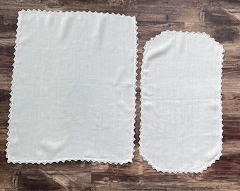 Vintage Linen Table Toppper Set | White Lace Trim Table Mats, Cottagecore Decor