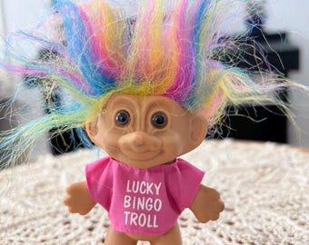 Vintage Lucky Bingo Troll Doll Rainbow Hair Pink Shirt Russ Troll Doll 5 Inch 1990s Nostalgia Toy Collectible