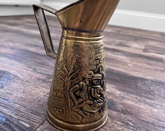 Vintage Made in England Brass-Tone Embossed Pitcher | English Pub Scene Jug | Cottage Decor