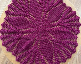Vintage Handmade Burgundy Crochet Table Topper | Round Lace Doily 14 Inch | Cottagecore Farmhouse Centerpiece