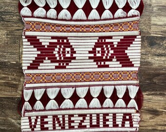 Vintage Woven Textile Wall Hanging, Red Cream Geometric Folk Art Venezuela