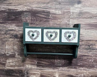 Estantería de pared de madera vintage con 3 cajones / Organizador de cocina estilo rústico, almacenamiento para costura
