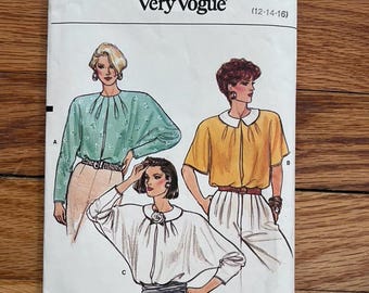 Very Vogue 9500 Misses Blouse Sewing Pattern (Sizes 12-14-16) 1980s Cut Complete