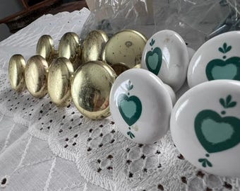 Vintage Cabinet Knobs Lot | 12 Drawer Pulls | 8 Brass & 4 Ceramic Heart Knobs