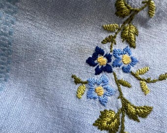 Vintage Blue Embroidered Tablecloth 49x58 – Linen Blend Floral Cottagecore Farmhouse Grandmillennial Decor