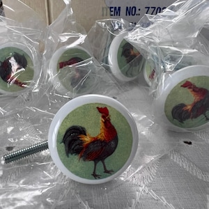 Vintage Rooster Cabinet Knobs Set of 6, Ceramic Farmhouse Drawer Pulls, Cottagecore Cupboard Knobs