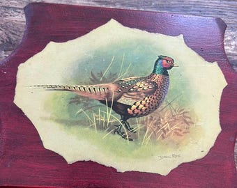 Salvamanteles de madera vintage con diseño de faisán de Basil Ede, decoración campestre inglesa con fauna silvestre.