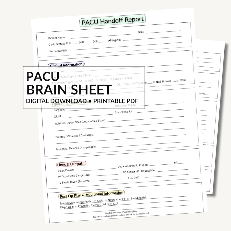 Or Pacu PACU Nurse Report | OR Handoff Report| Post Anesthesia Recovery ...