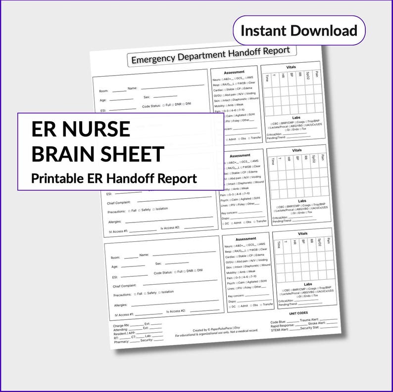 ER Nurse Report Sheet Printable PDF | Emergency Department Handoff ...