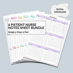 May include: A bundle of six patient nurse notes sheets. The sheets are white with pastel-colored headers and lines for writing. The text on the sheets includes "Patient Name" and "Room Number." The image also includes the text "6 Patient Nurse Notes Sheet Bundle" and "Digital Download."