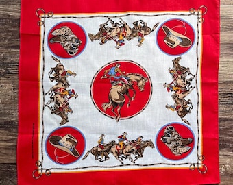 Vintage Cowboy Bandana | Western Horse & Rodeo Scarf | Red Made in USA Americana Kerchief