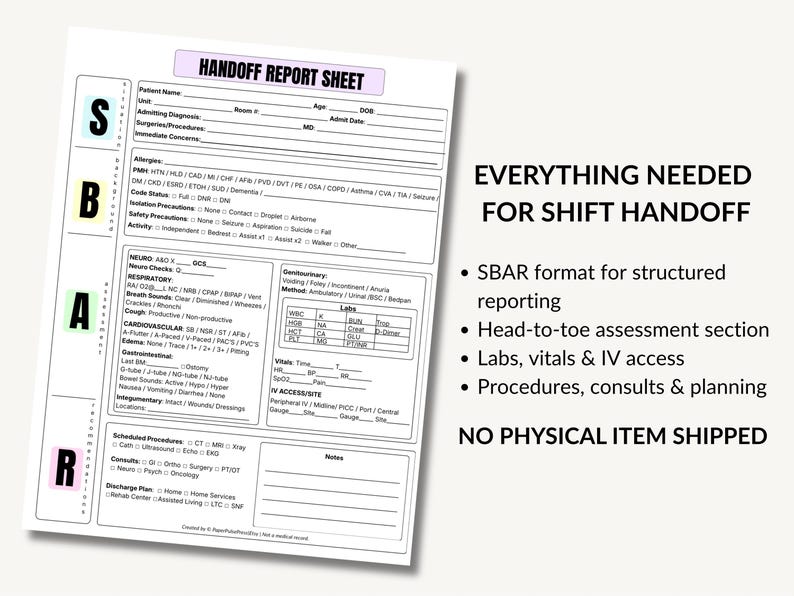 SBAR Nurse Report Sheet, Patient Handoff Template, Printable PDF, Med ...