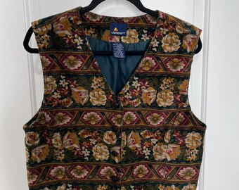 Vintage 90s Floral Cottagecore Corduroy Vest | Li2sport Cotton Button Front Vest | Made in Korea