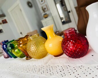 Jarrones pequeños de cristal arcoíris vintage / Juego de 9 piezas de decoración ecléctica para estantes estilo cottagecore