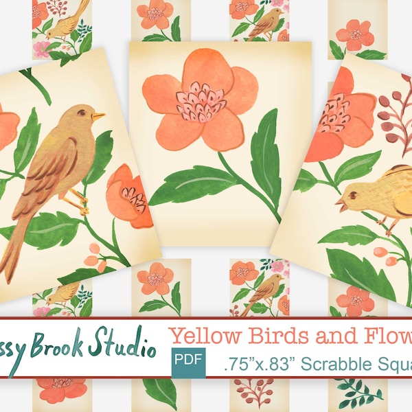 Yellow Birds and Flowers Scrabble Size/ Birds/ Clip Art/ Pendants/ Jewelry/ Collage Art/ Garden/ Yellow/ scrabble tile art/ Flowers/ Leaves