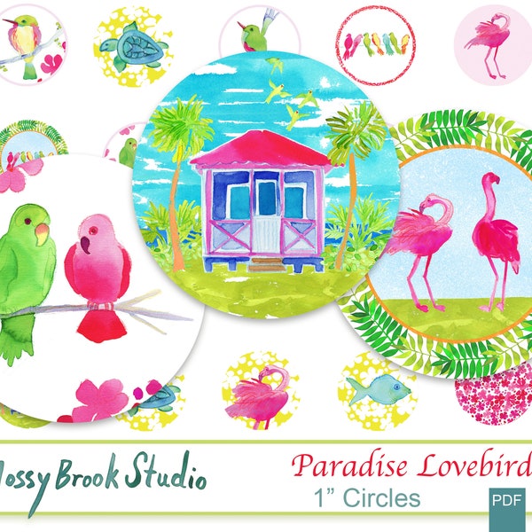 Paradise Lovebirds one inch circles/ Flamingo/ Sea Turtle/ Jewelry/ Beach Art/ Tropical/ Cabochons/ one inch circles for crafters