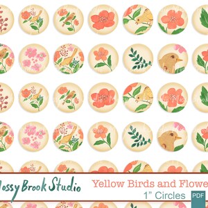 Pássaro amarelo e flores de um círculo de uma polegada/clipart de joias/pássaros para ímãs/clipart para fazer joias/imagem redonda de 1 polegada/pássaros de 1 polegada