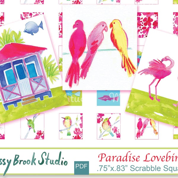 Paradise Lovebirds Printable Scrabble Tile Images/ Tropical/ Instant Download Digital Collage .75x.83/ Flamingo/ Sea Turtle/ Jewelry/ Beach