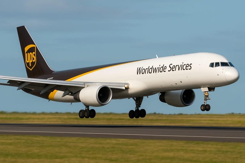 May include: A UPS Boeing 757-200F cargo aircraft in flight, with the UPS logo on the tail and the words "Worldwide Services" on the fuselage. The plane is white with brown and yellow accents, landing on a runway.