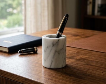 White Marble Pen Holder, Minimalist Natural Stone Desk Organizer, Executive Office Decor