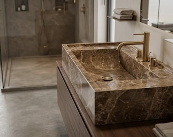 Handmade Luxury Large Dark Emperador Vessel Sink, Solid Stone Bathroom Countertop, Bassin
