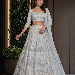 Silver Sequin Lehenga Choli Set with Net Dupatta, Designer Bridal Wedding Reception Party Wear