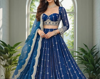 Royal Blue Embroidered Lehenga Choli Set with Dupatta – Indian Wedding & Festive Wear
