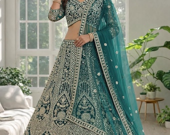 Teal Green Sequins Coding Embroidery Lehenga Choli | Indian Wedding Festive Net Outfit