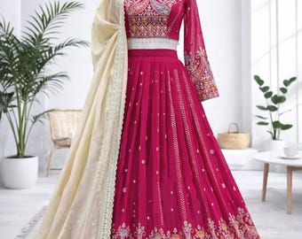 Pink Embroidered Lehenga Choli Set, Sequins Thread Work, Indian Bridal Party Wear