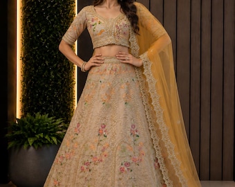Beige French Crepe Silk Lehenga Choli, Multicolor Embroidery, Foil Mirror, Sequins Work