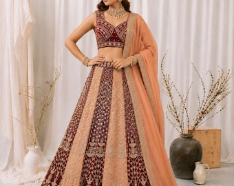Maroon Peach Georgette Lehenga Choli Set, Mirror Work Bridal Wedding Outfit