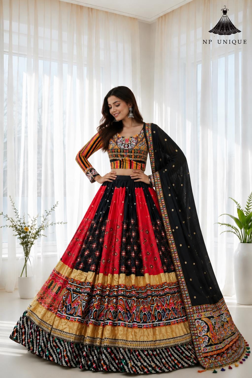 Black Red Malai Silk Lehenga Choli, Real Mirror Work, Golden Gota Zari Lace