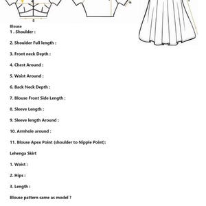 Peut inclure: Diagramme des mesures du Lehenga choli, comprenant le devant du chemisier, le dos du chemisier et les dimensions de la jupe Lehenga. Les mesures incluent les &eacute;paules, la longueur, la poitrine, la taille et les dimensions des emmanchures.