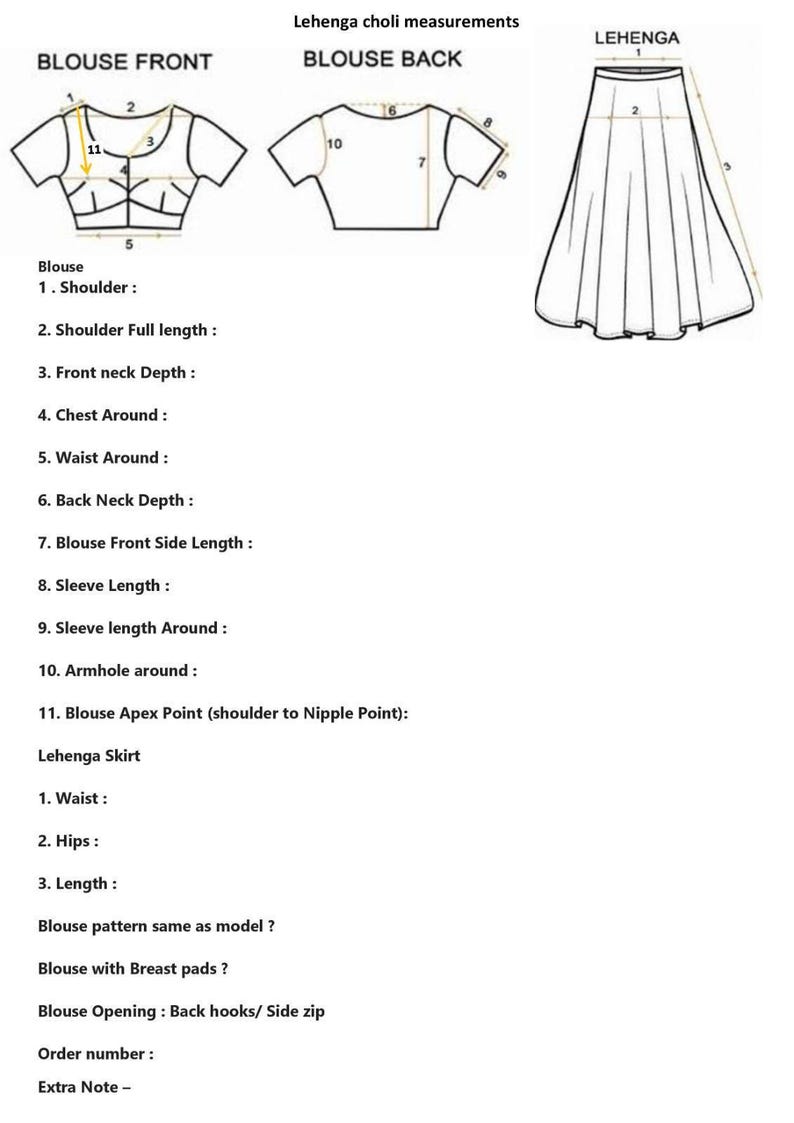 Peut inclure: Diagramme des mesures du Lehenga choli, comprenant le devant du chemisier, le dos du chemisier et les dimensions de la jupe Lehenga. Les mesures incluent les &eacute;paules, la longueur, la poitrine, la taille et les dimensions des emmanchures.