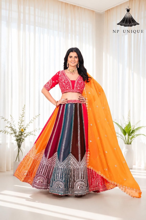 Multicolor Sequins Embroidered Lehenga Choli Set with Yellow Dupatta | Indian Wedding Bridal Wear
