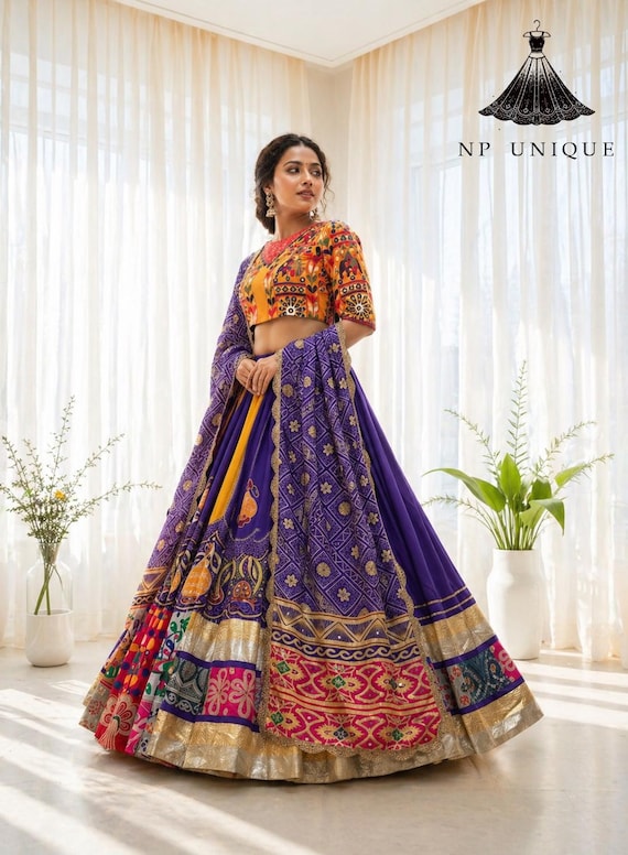 Multicolor Muslin Cotton Lehenga Choli, Digital Print Mirror Work, Navratri Garba Ethnic Wear