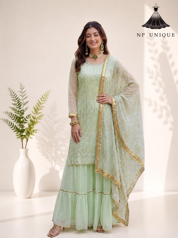 light green sharara dress Mint Embroidered Kurti Set with Dupatta, Indian Festive Wear size-3xl